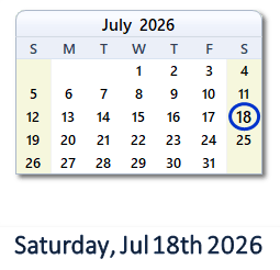 18 July 2026 calendar