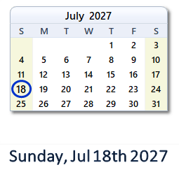 18 July 2027 calendar