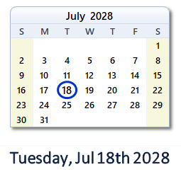 July 18, 2028 calendar
