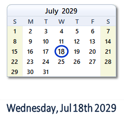 July 18, 2029 calendar