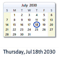 July 18, 2030 calendar