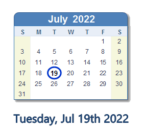 July 19, 2022 calendar