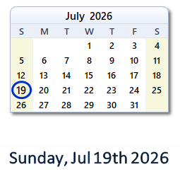 19 July 2026 calendar