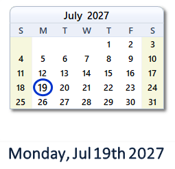 July 19, 2027 calendar