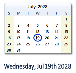 July 19, 2028 calendar