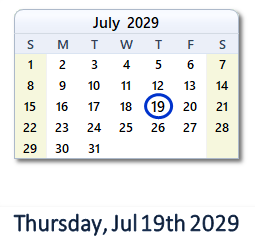 July 19, 2029 calendar