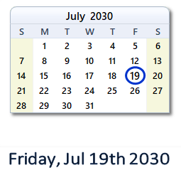 July 19, 2030 calendar