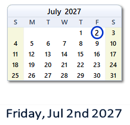 July 2, 2027 calendar