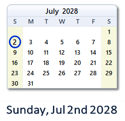 July 2, 2028 calendar