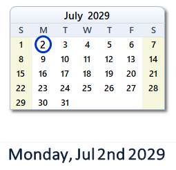 July 2, 2029 calendar