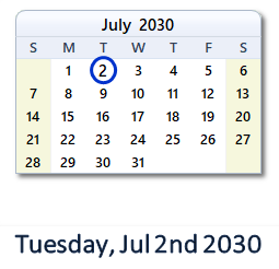 July 2, 2030 calendar