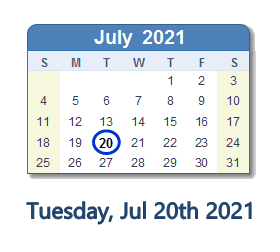 20 July 2021 calendar