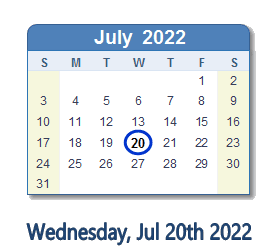 July 20, 2022 calendar