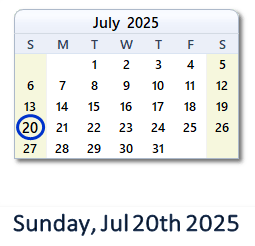 20 July 2025 calendar
