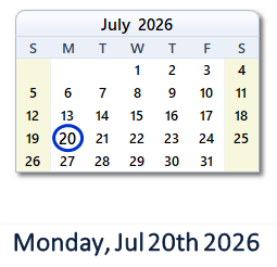 20 July 2026 calendar