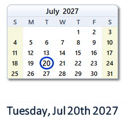 July 20, 2027 calendar