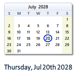 July 20, 2028 calendar