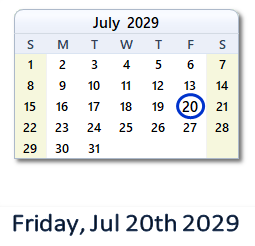July 20, 2029 calendar