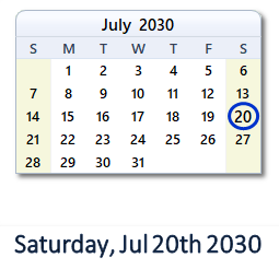 July 20, 2030 calendar