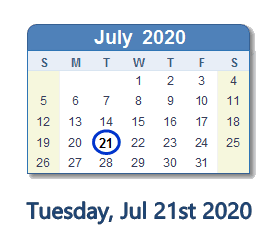 July 21, 2020 calendar