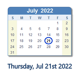 July 21, 2022 calendar