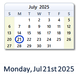 21 July 2025 calendar