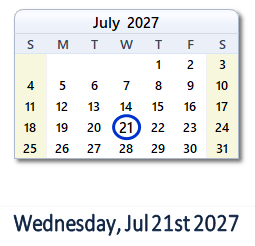 July 21, 2027 calendar