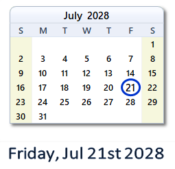 July 21, 2028 calendar