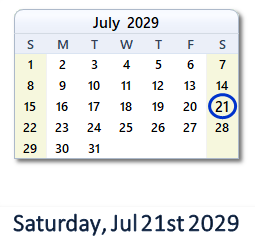 July 21, 2029 calendar