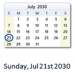 July 21, 2030 calendar