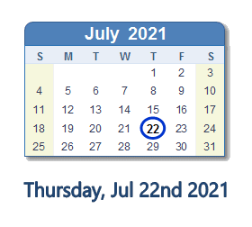 22 July 2021 calendar