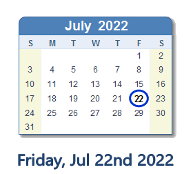 July 22, 2022 calendar