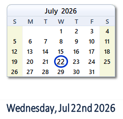 July 22, 2026 calendar