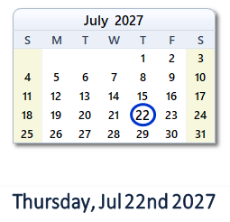July 22, 2027 calendar