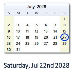 July 22, 2028 calendar