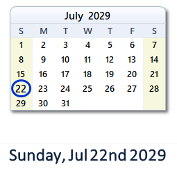 July 22, 2029 calendar