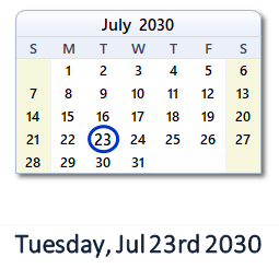 July 23, 2030 calendar