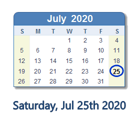 July 25, 2020 calendar