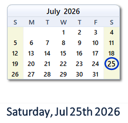 25 July 2026 calendar