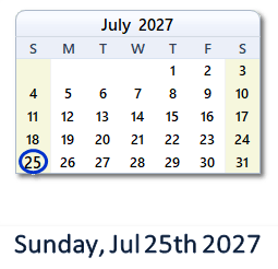 25 July 2027 calendar