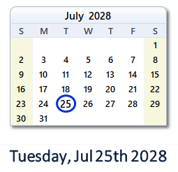 July 25, 2028 calendar