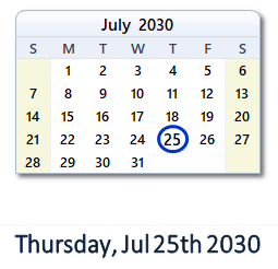 July 25, 2030 calendar