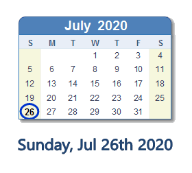 July 26, 2020 calendar
