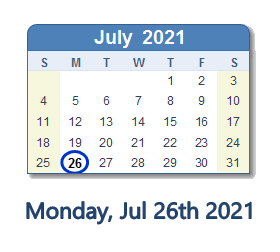 July 26, 2021 calendar