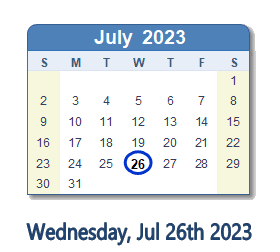 26 July 2023 calendar