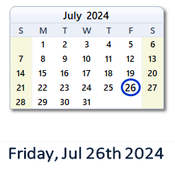 26 July 2024 calendar