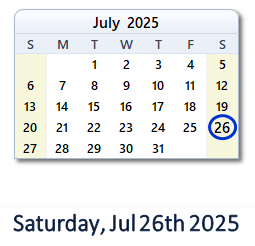 26 July 2025 calendar