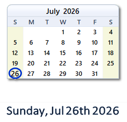 26 July 2026 calendar