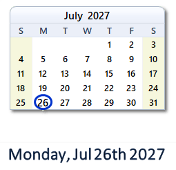 26 July 2027 calendar