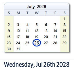July 26, 2028 calendar